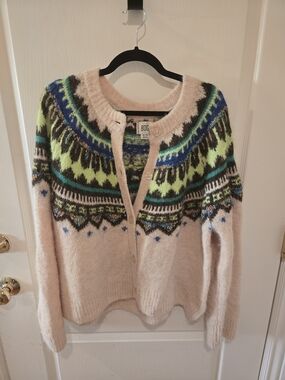 Fair Isle Wool Blend Crewneck Cardigan Sweater